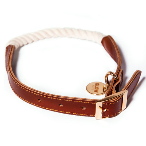 White Rope and Leather Collar - Glow Pups