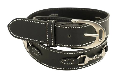 Huntley Equestrian Ladies Stirrup Buckle, Snaffle Bit, 1.5 Inch Width Leather Belt, Black