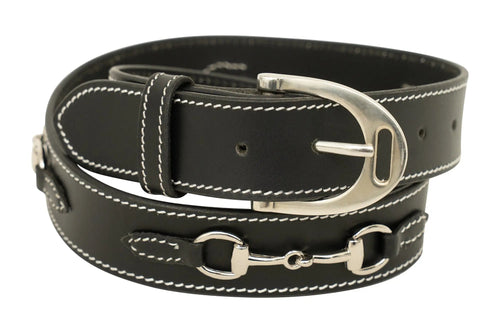 Huntley Equestrian Ladies Stirrup Buckle, Snaffle Bit, 1.5 Inch Width Leather Belt, Black