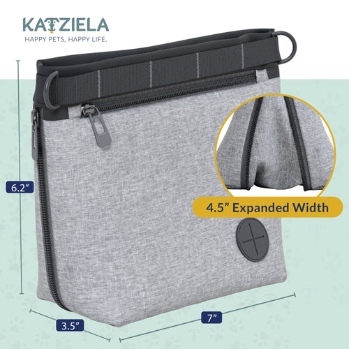 Katziela Expandable Pet Treat Pouch - Hands Free Dog Treat Pouch, Quick Access Magnet Closure - Anti Spill Dog Treat Bag - Treat Pouches for Pet Training, Adjustable Shoulder Strap & Belt Clip