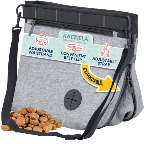 Katziela Expandable Pet Treat Pouch - Hands Free Dog Treat Pouch, Quick Access Magnet Closure - Anti Spill Dog Treat Bag - Treat Pouches for Pet Training, Adjustable Shoulder Strap & Belt Clip
