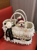 Luxury Lace Pet Carrier Bag Elegant Wicker Dog Tote with Pearl Charm Princess Style Small Dog Travel Basket