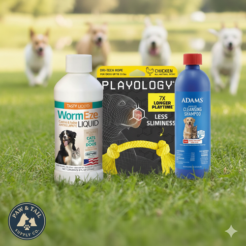 Dog Deworming & Flea Care Bundle WormEze 8oz + Adams Flea & Tick Shampoo 12oz + Chicken Rope Toy