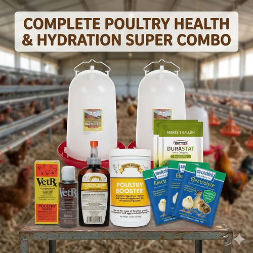 Complete Poultry Health & Hydration Super Bundle – 3 Gallon Drinkers + Vitamins + Oregano + Pick-No-More + VetRx