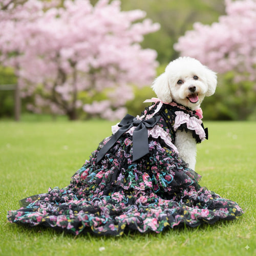 Luxury Floral Dog Dress with Ruffled Skirt & Pink Bow
