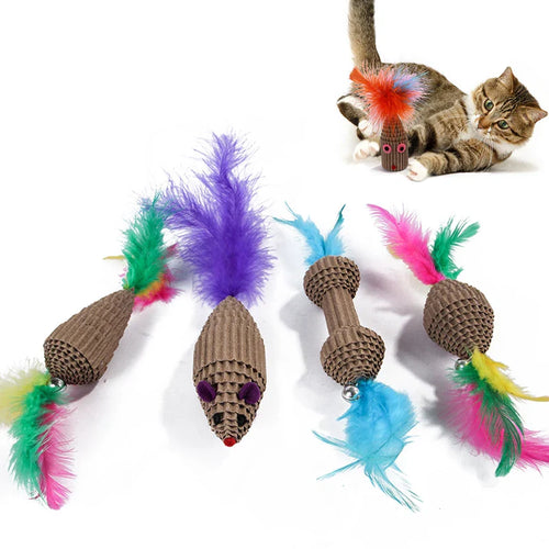 Mouse Shaped Corrugated Paper Cat Scratcher Toy with Feathers