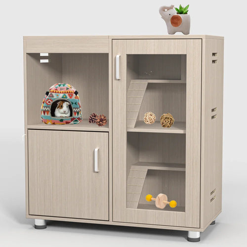 Hamster Cage, Small Animal Cage for Chinchilla/Rat, 4-Tier Guinea Pig Cage Wood with Acrylic Windows, Storage Cabinet