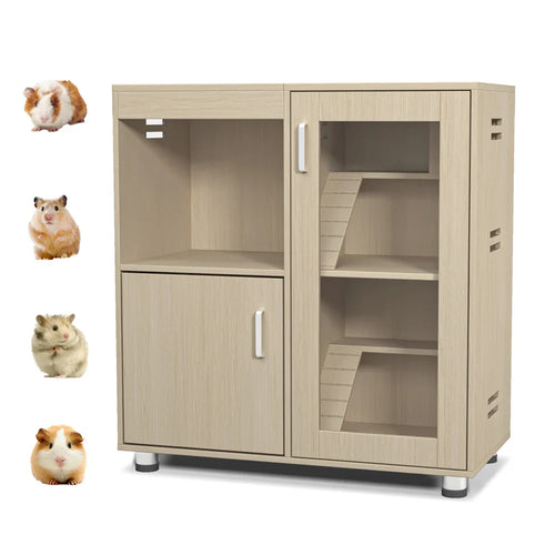 Hamster Cage, Small Animal Cage for Chinchilla/Rat, 4-Tier Guinea Pig Cage Wood with Acrylic Windows, Storage Cabinet