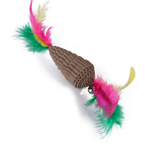 Mouse Shaped Corrugated Paper Cat Scratcher Toy with Feathers