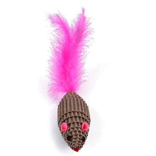 Mouse Shaped Corrugated Paper Cat Scratcher Toy with Feathers