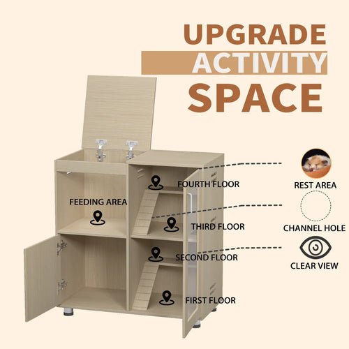 Hamster Cage, Small Animal Cage for Chinchilla/Rat, 4-Tier Guinea Pig Cage Wood with Acrylic Windows, Storage Cabinet