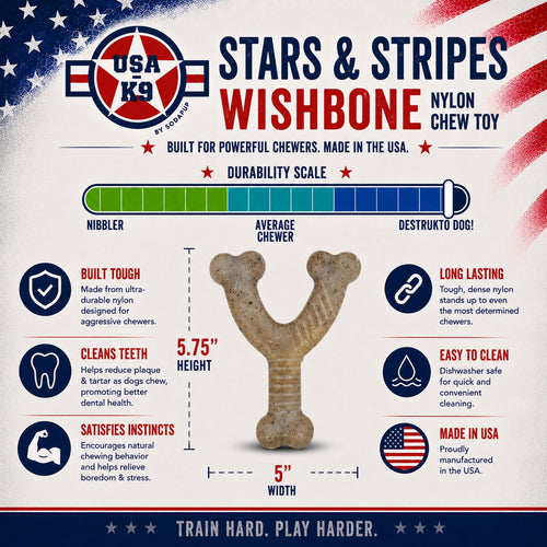 USA-K9 Stars and Stripes Wishbone Nylon Dog Chew Toy for Aggressive Chewers | USA Made