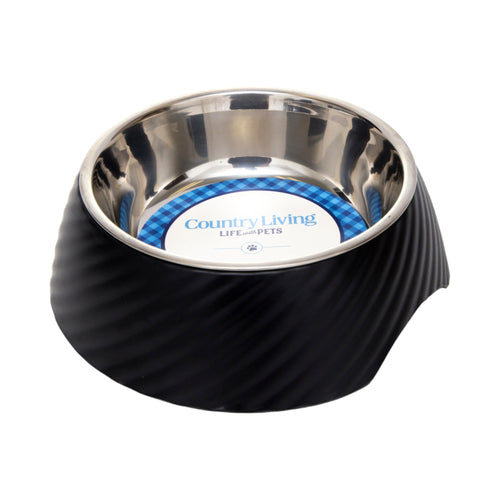 Country Living Set of 2 Round Twill Melamine Dog Bowls with Removable Stainless Steel Inserts – Black