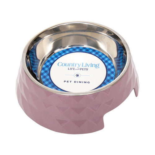 Country Living Set of 2 Diamond Twill Melamine Dog Bowls with Removable Stainless Steel Inserts – Wood Rose