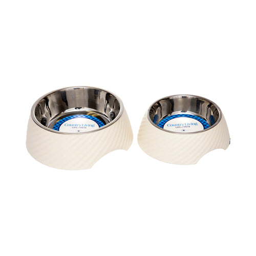 Country Living Set of 2 Round Twill Melamine Dog Bowls with Removable Stainless Steel Inserts – White Swan