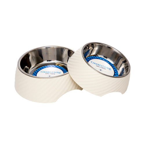 Country Living Set of 2 Round Twill Melamine Dog Bowls with Removable Stainless Steel Inserts – White Swan
