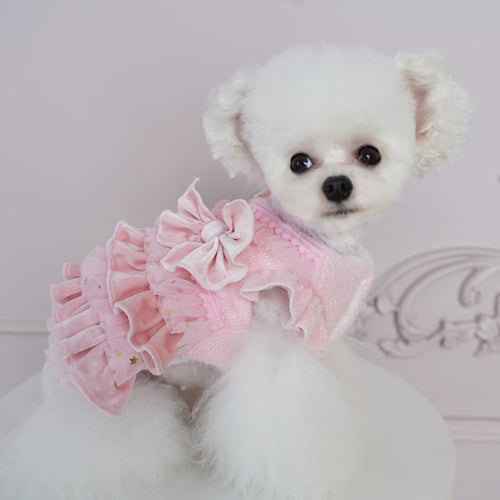 Pet Velvet Layered Tulle Dress with Bow