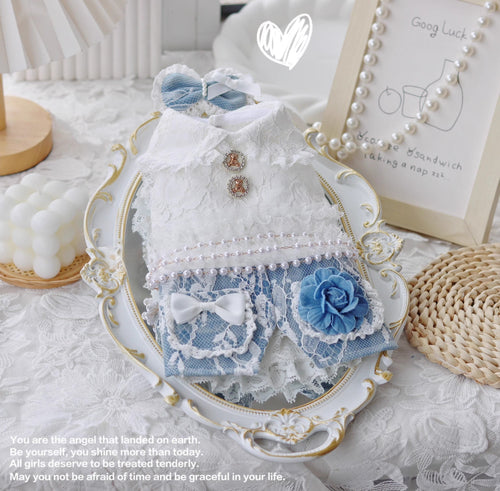 Handmade Elegant Dog Dress Blue Lace Flower Outfit