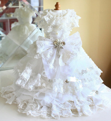 Luxury Victorian Lace Dog Wedding Dress Handmade Pearl Bridal Gown Princess Pet Wedding Dress Couture White Formal Gown