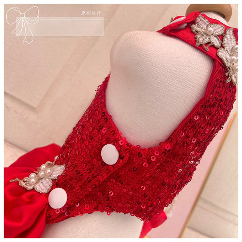 Red Sequin Pearl Dog Dress – Luxury Holiday & Wedding Pet Gown