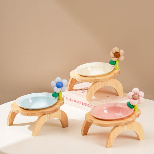 Elevated Dog Bowl with Stand Wooden Raised Pet Feeder Anti-Spill Cat Dog Bowl for Small Dogs Neck Protection Feeding Stand