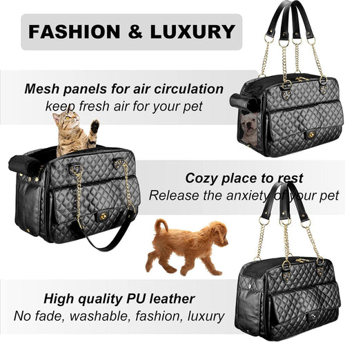 Pet Carrier – Quilted PU Leather with Gold Chain