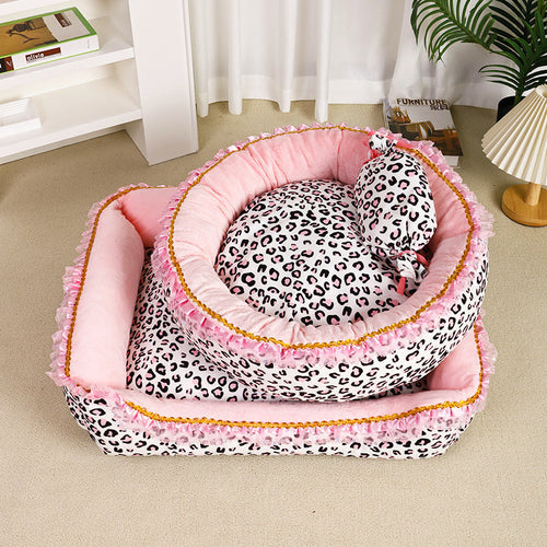Pink Leopard Plush Bolster Pet Bed