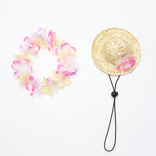 Pet Straw Hat and Flower Lei Set Beach Hawaii Style