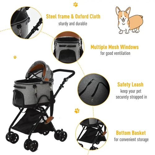 Luxury Folding Pet Stroller Travel Carriage 2 In 1 (Grey)