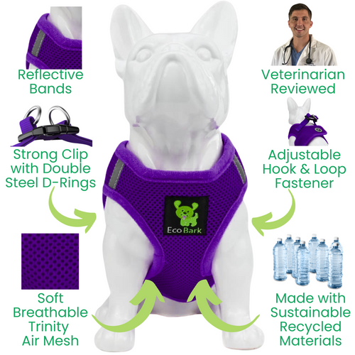 EcoBark Step In Dog Harness - XXXS to Small Breeds- Reflective Soft Mesh Harness for Teacup, Small Dogs and Puppies / Purple