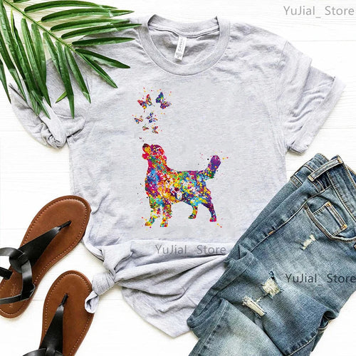 Golden Retriever Love Butterfly Animal Printed T Shirt Girls Watercolor Kawaii Dog Tshirt Summer Tops Fashion Solid T-Shirt