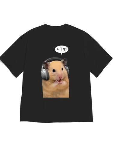 Funny Hamster Meme Graphic T-Shirt Cute K-pop Hamster Headphones Novelty Tee Casual Loose Fit Short Sleeve Top for Men Women