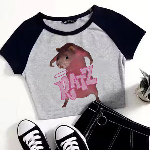 Kawaii Rat Ratz Mouse Cropped Print Crew Neck T-shirt Y2K Short Sleeve Tight Fit Crop Top Spring Summer Women's Clothing