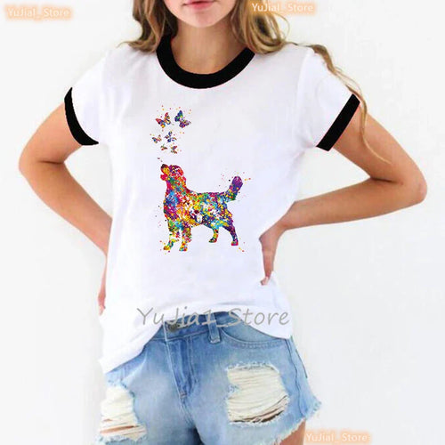 Golden Retriever Love Butterfly Animal Printed T Shirt Girls Watercolor Kawaii Dog Tshirt Summer Tops Fashion Solid T-Shirt