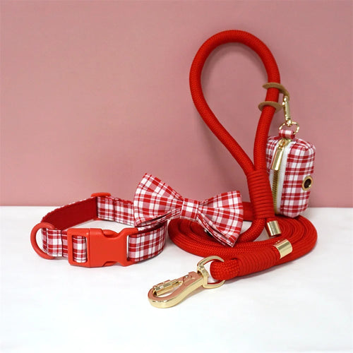Luxury Bow Dog Collar Set | Cotton & Polyester | XS–XL | With Leash & Poop Bag