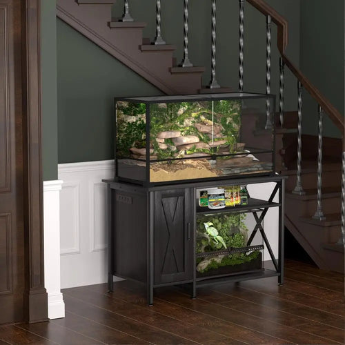 40-120 Gallon Black Reptile Tank Stand with Storage and Power Outlet, 48x24 Tabletop