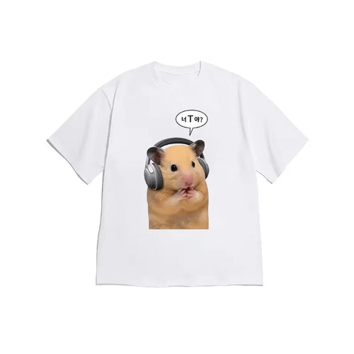 Funny Hamster Meme Graphic T-Shirt Cute K-pop Hamster Headphones Novelty Tee Casual Loose Fit Short Sleeve Top for Men Women