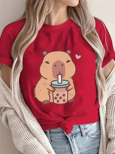 Women's Cute Capybara Boba Tee - Casual Short Sleeve Round Neck Polyester Knit Machine Washable Capybara T Shirt