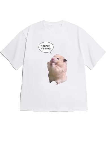 Funny Hamster Meme Graphic T-Shirt Cute K-pop Hamster Headphones Novelty Tee Casual Loose Fit Short Sleeve Top for Men Women