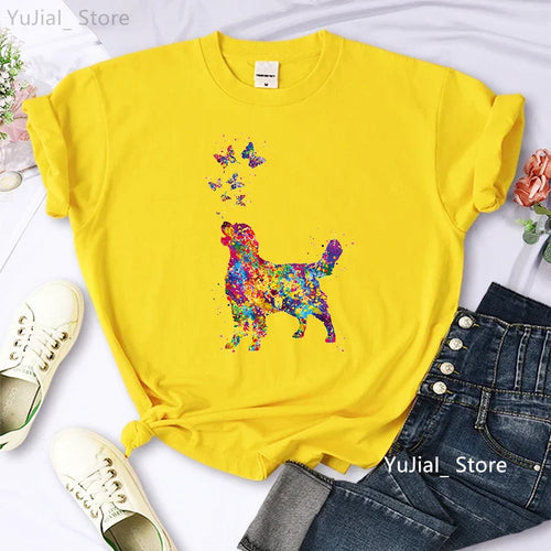 Golden Retriever Love Butterfly Animal Printed T Shirt Girls Watercolor Kawaii Dog Tshirt Summer Tops Fashion Solid T-Shirt