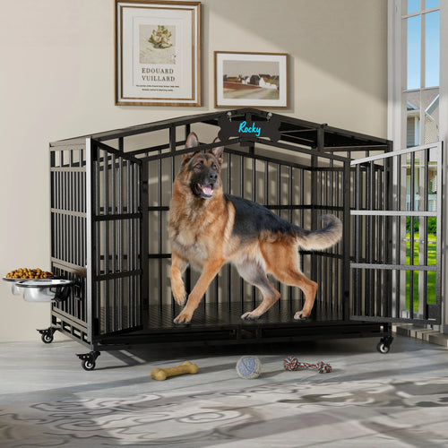 EasyCom Heavy Duty Metal Dog Crate with Bowls and Wheels