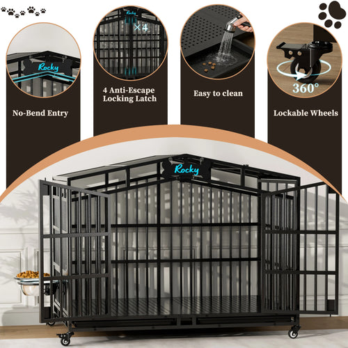 EasyCom Heavy Duty Metal Dog Crate with Bowls and Wheels