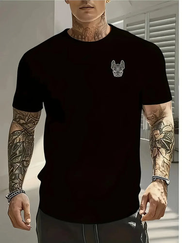 Minimal French Bulldog Chest Print Graphic Tee Men Breathable 100% Cotton Perfect Summer Streetwear Trendy Understated Casual