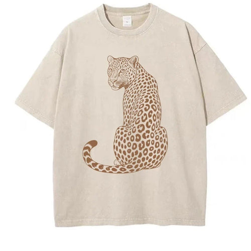 Leopard Tiger T-Shirt Vintage Washed Unisex Boho Animal T Shirt Men Women Nature Lover Tee Casual Round Neck Tops