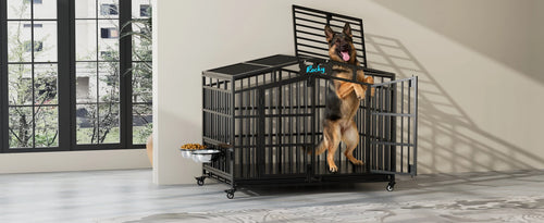 EasyCom Heavy Duty Metal Dog Crate with Bowls and Wheels