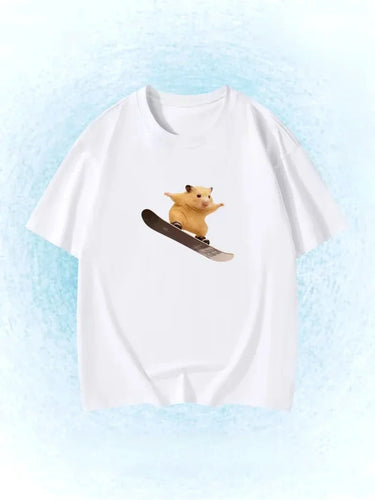 Funny Snowboarding Hamster Animal Print T-Shirt Cute Meme Loose Short Sleeve Unisex Casual Summer Top for Women Daily Y2k Tops