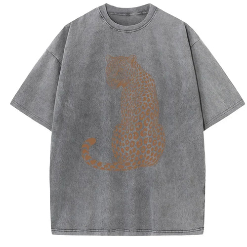 Leopard Tiger T-Shirt Vintage Washed Unisex Boho Animal T Shirt Men Women Nature Lover Tee Casual Round Neck Tops