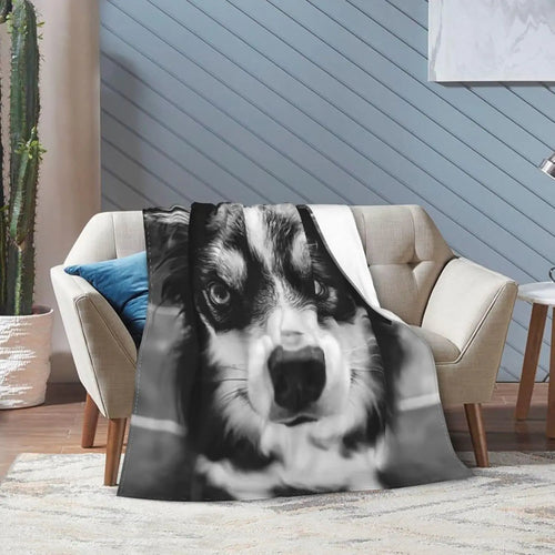Australian Shepherd Dog Face Blanket Black White Print Soft Fleece Throw Pet Lover Gift Home Decor Cozy Bedding Accessory
