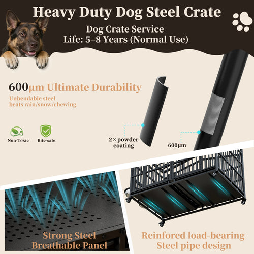 EasyCom Heavy Duty Metal Dog Crate with Bowls and Wheels