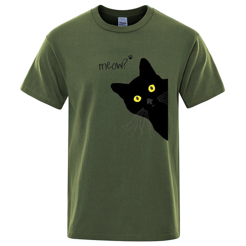 Meow Black Cat Funny Printing Men T-Shirts Breathable Tee Clothes Summer Streetwear Tops Oversized Loose Cotton Short Sleeve